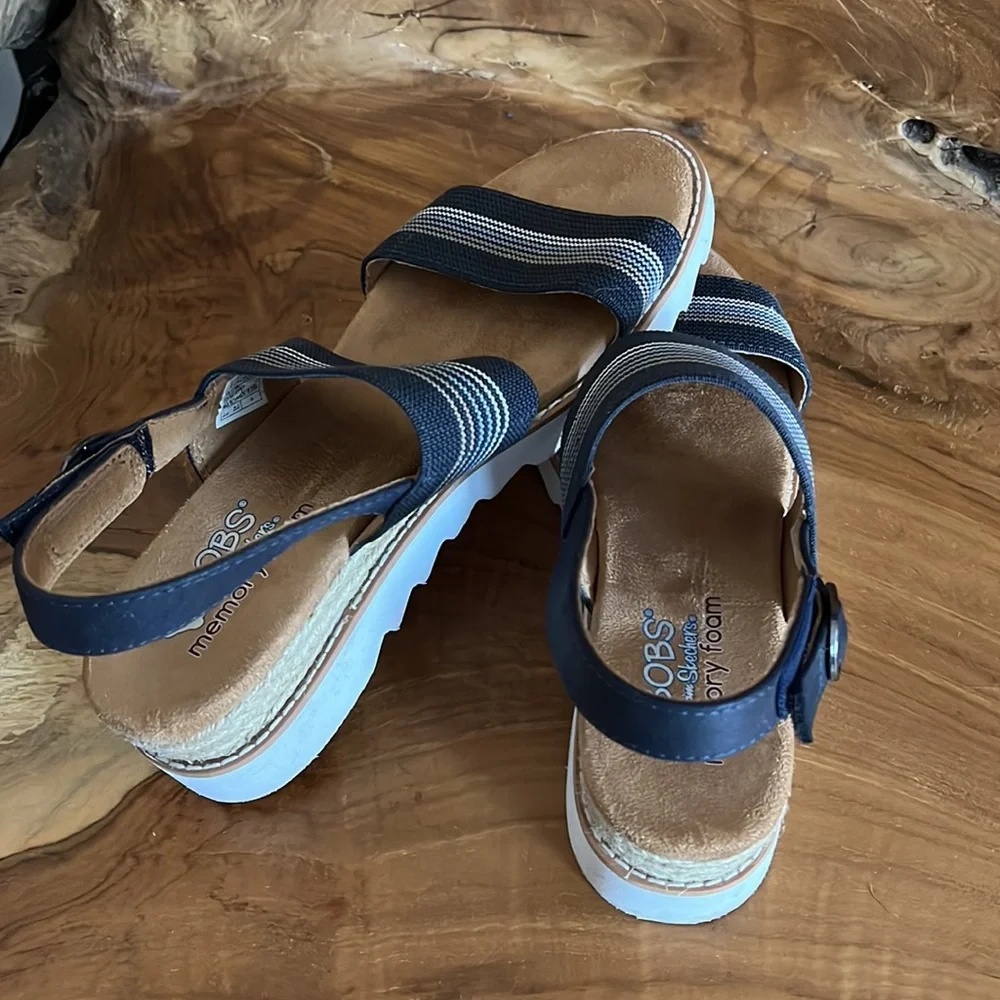 BOBS from Skechers Navy and White Striped Wedge Sandals